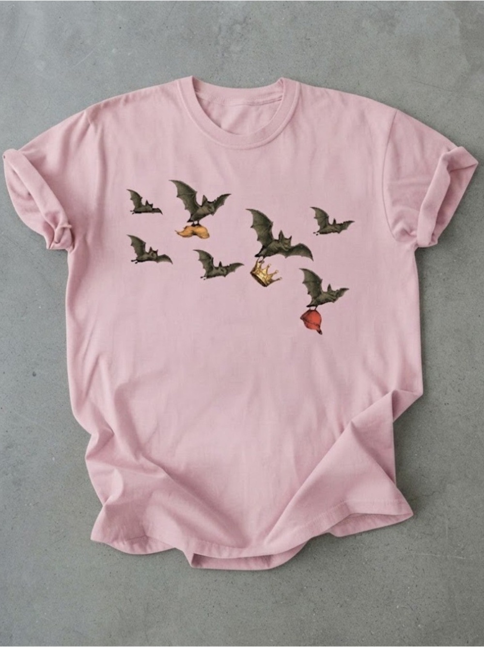 Gildan Light Pink Tee with Flying Bat & Small Color Accents